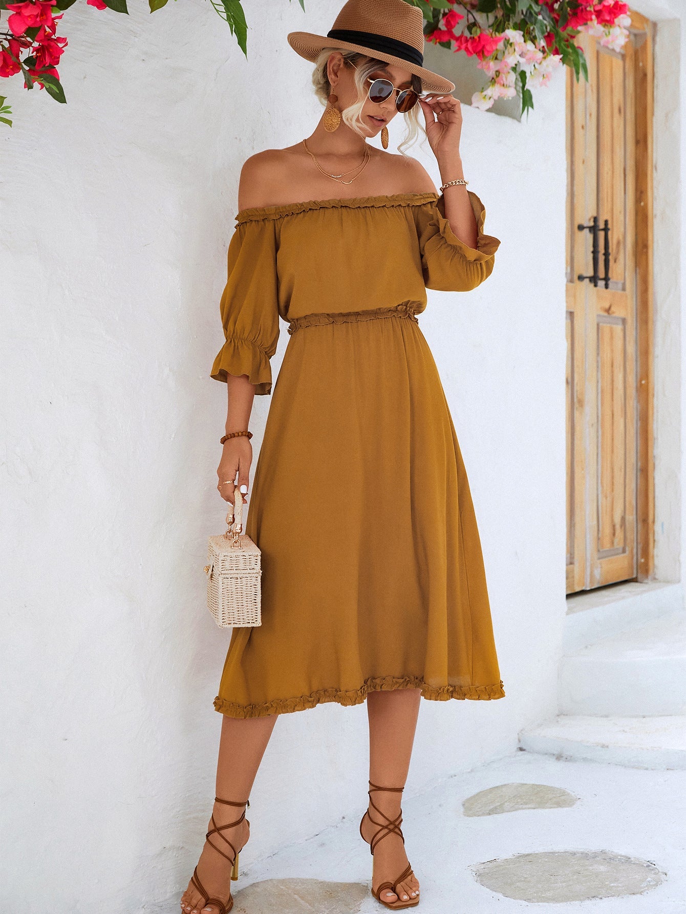 Frilled Off-Shoulder Flounce Sleeve Dress - Quelle's BoutiQue