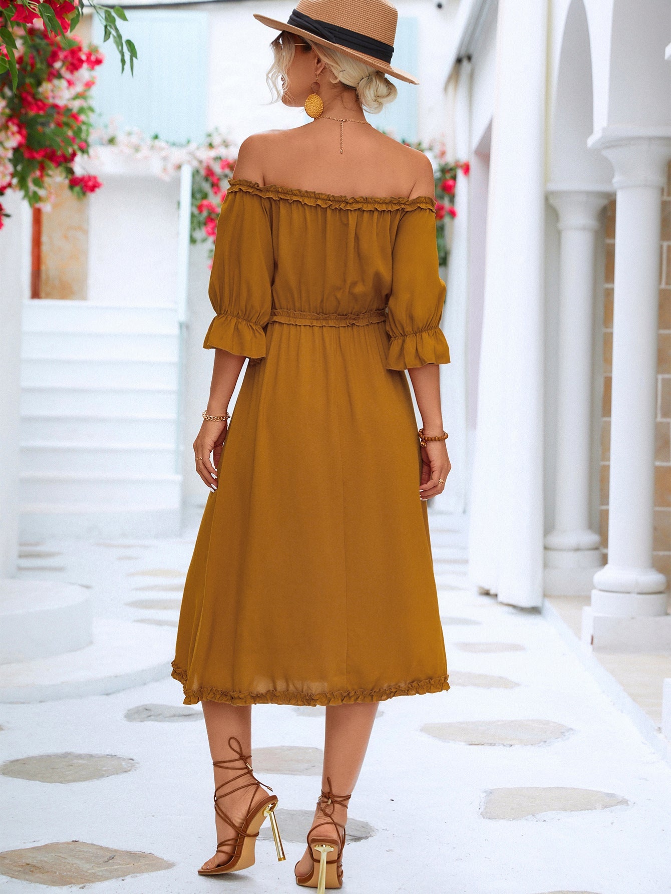 Frilled Off-Shoulder Flounce Sleeve Dress - Quelle's BoutiQue