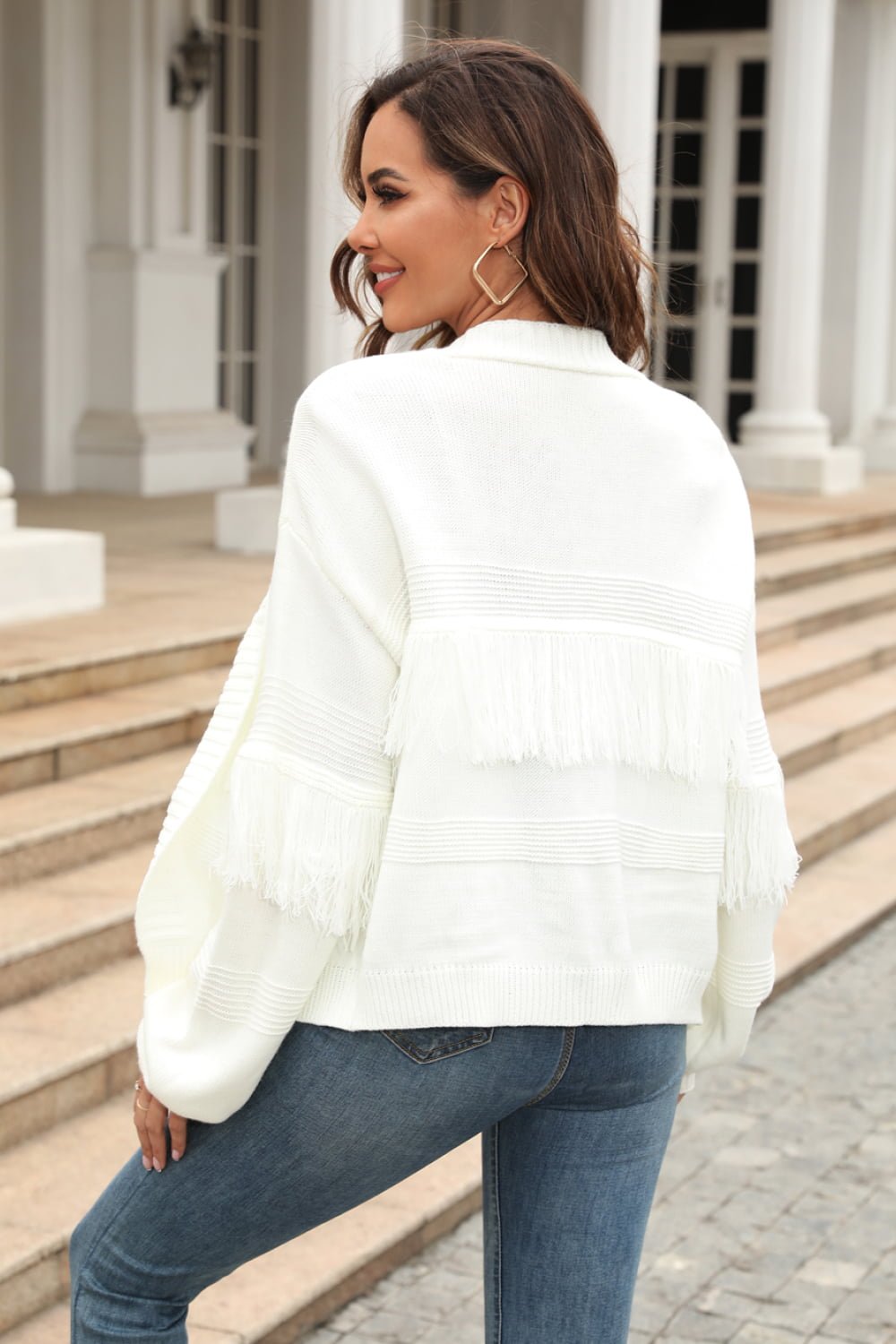 Fringe Trim Open Front Cardigan - Quelle's BoutiQue