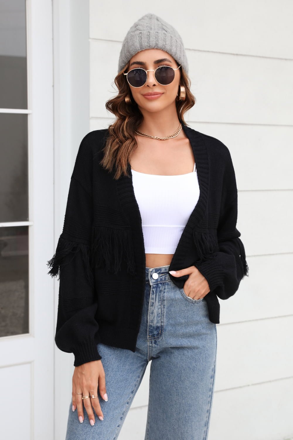 Fringe Trim Open Front Cardigan - Quelle's BoutiQue