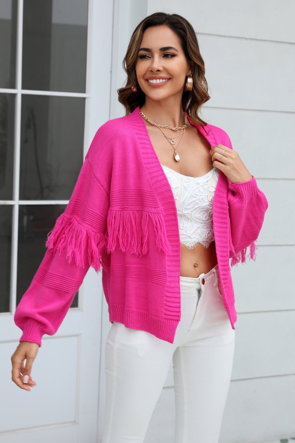 Fringe Trim Open Front Cardigan - Quelle's BoutiQue