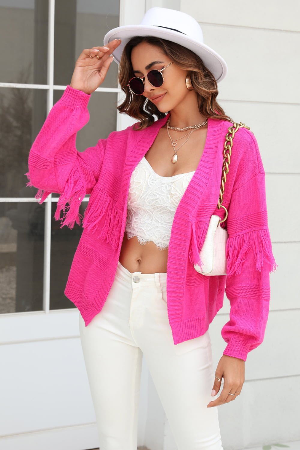 Fringe Trim Open Front Cardigan - Quelle's BoutiQue