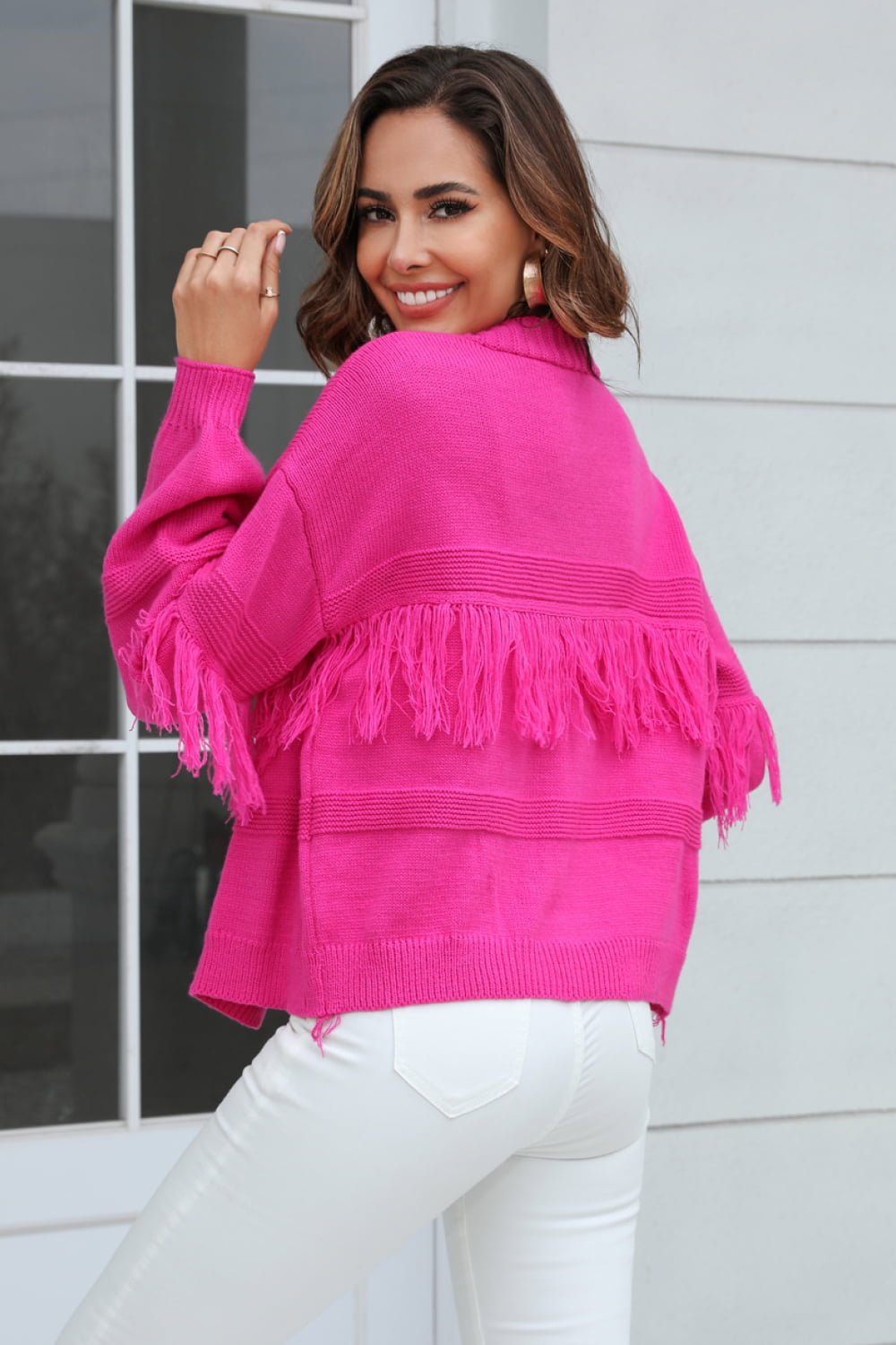 Fringe Trim Open Front Cardigan - Quelle's BoutiQue