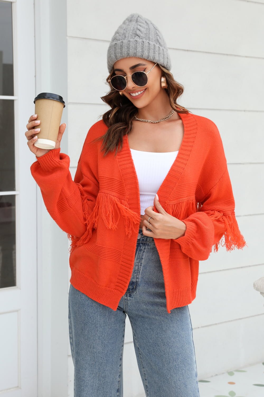 Fringe Trim Open Front Cardigan - Quelle's BoutiQue