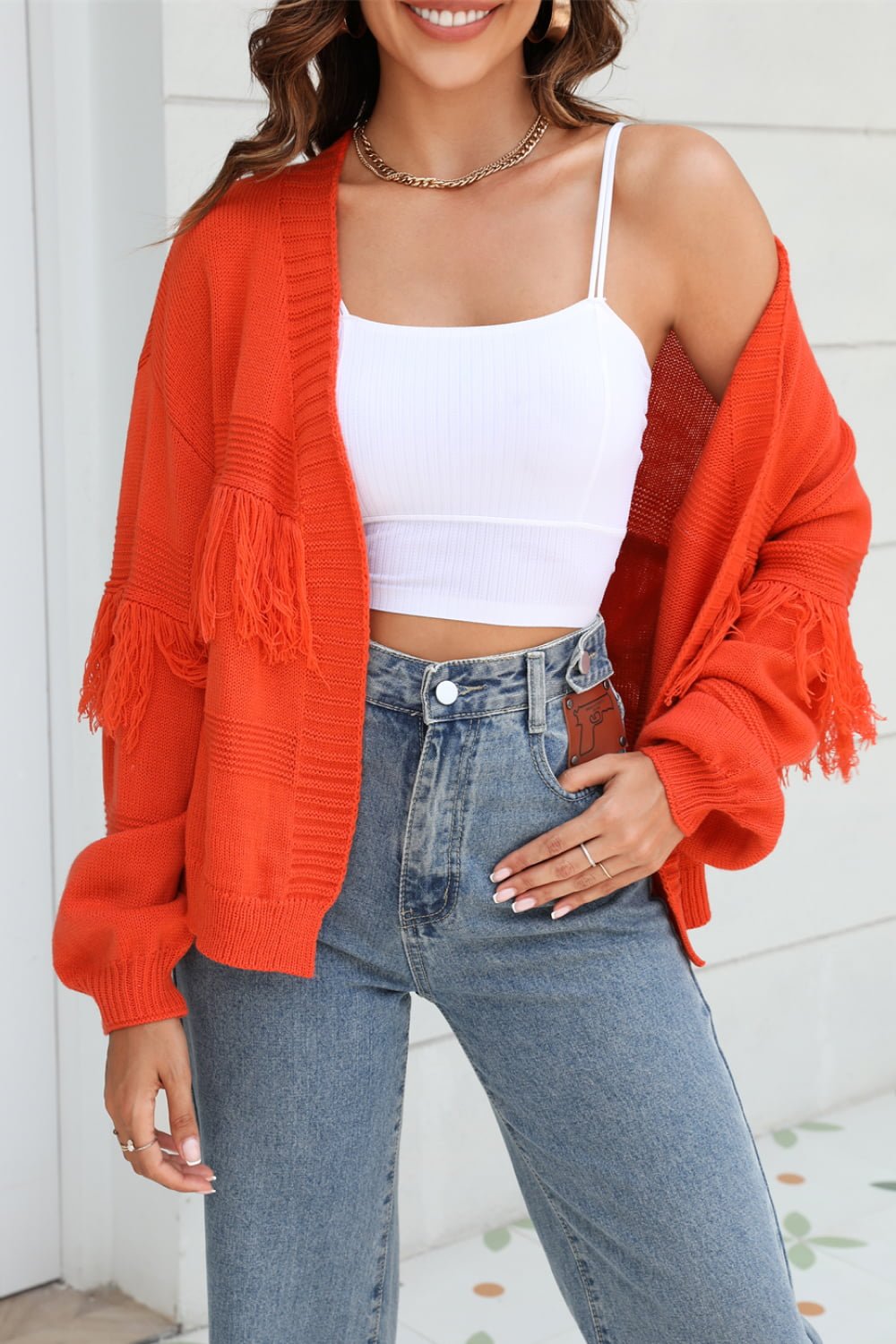 Fringe Trim Open Front Cardigan - Quelle's BoutiQue