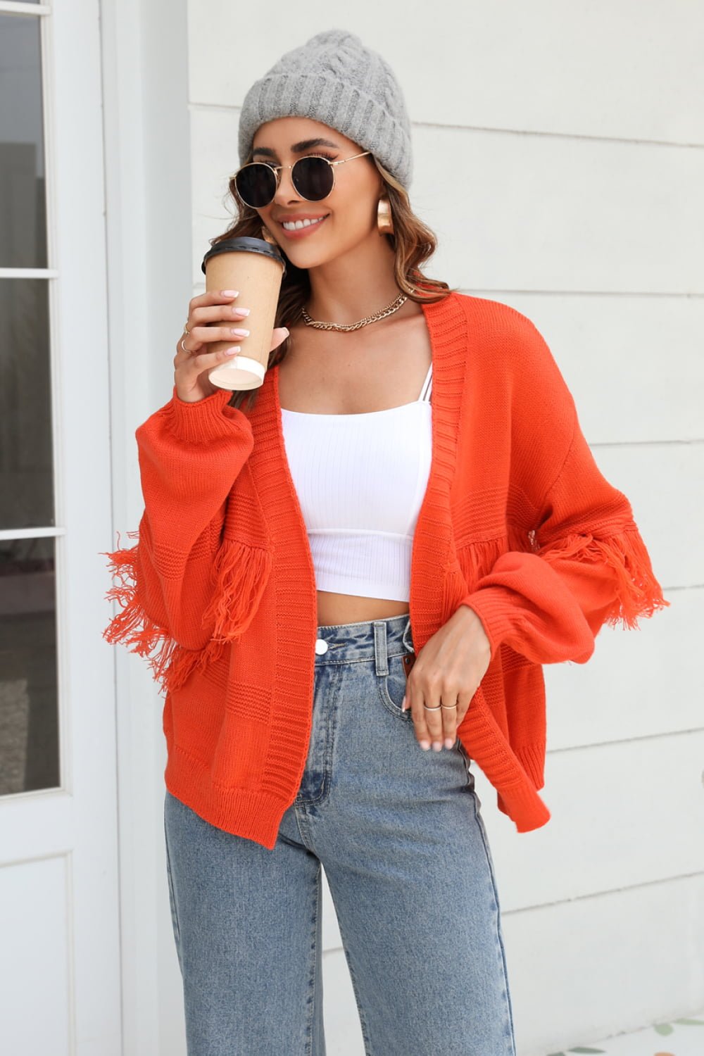 Fringe Trim Open Front Cardigan - Quelle's BoutiQue