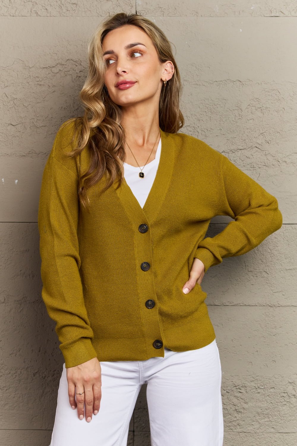 Golden-Olive Button Down Cardigan - Quelle's BoutiQue