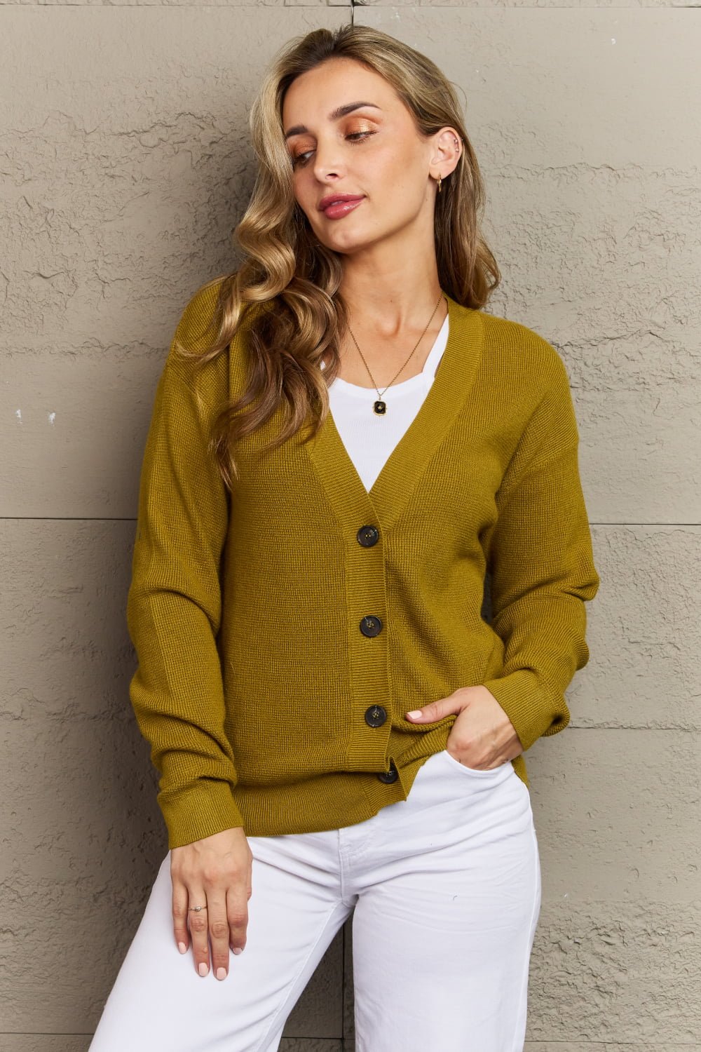 Golden-Olive Button Down Cardigan - Quelle's BoutiQue