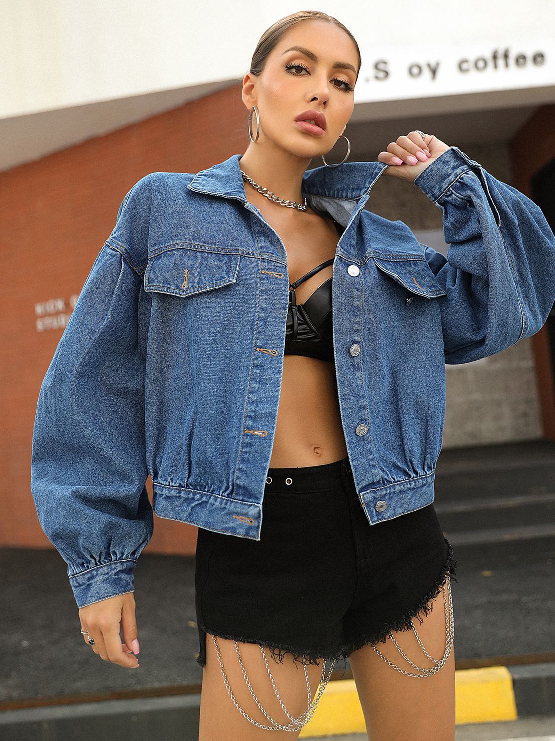 Lantern Sleeve Denim Jacket - Quelle's BoutiQue