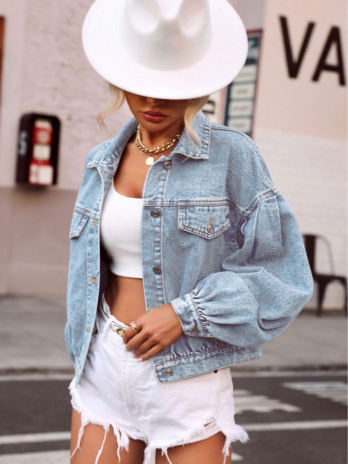 Lantern Sleeve Denim Jacket - Quelle's BoutiQue
