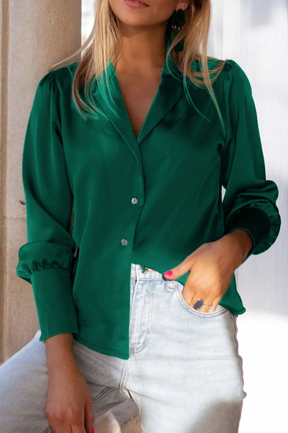 Lapel Collar Puff Sleeve Shirt - Quelle's BoutiQue