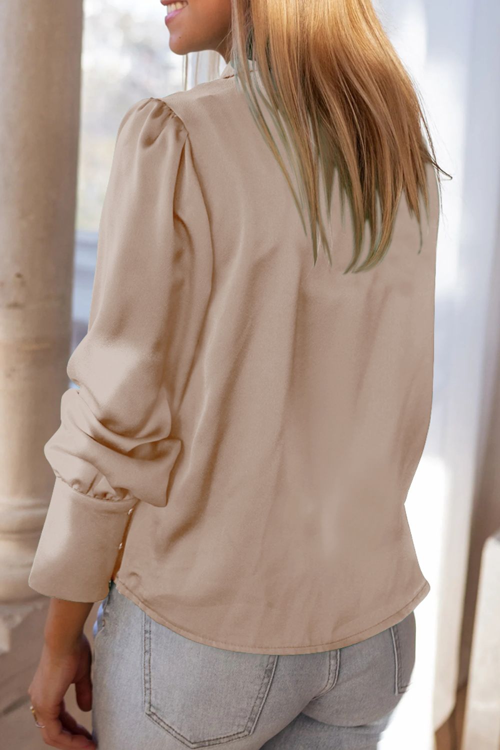 Lapel Collar Puff Sleeve Shirt - Quelle's BoutiQue
