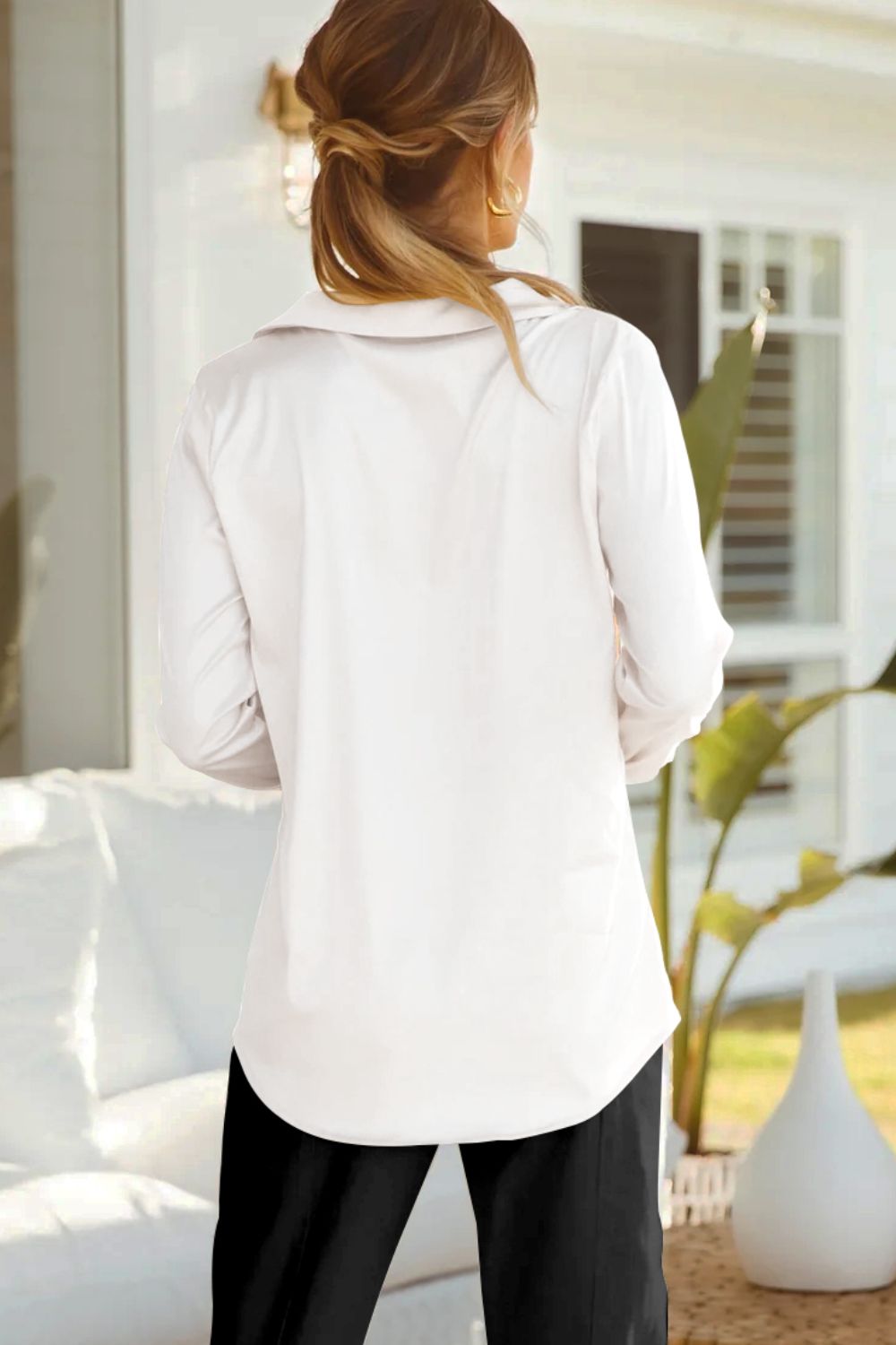 Lapel Collar Puff Sleeve Shirt - Quelle's BoutiQue