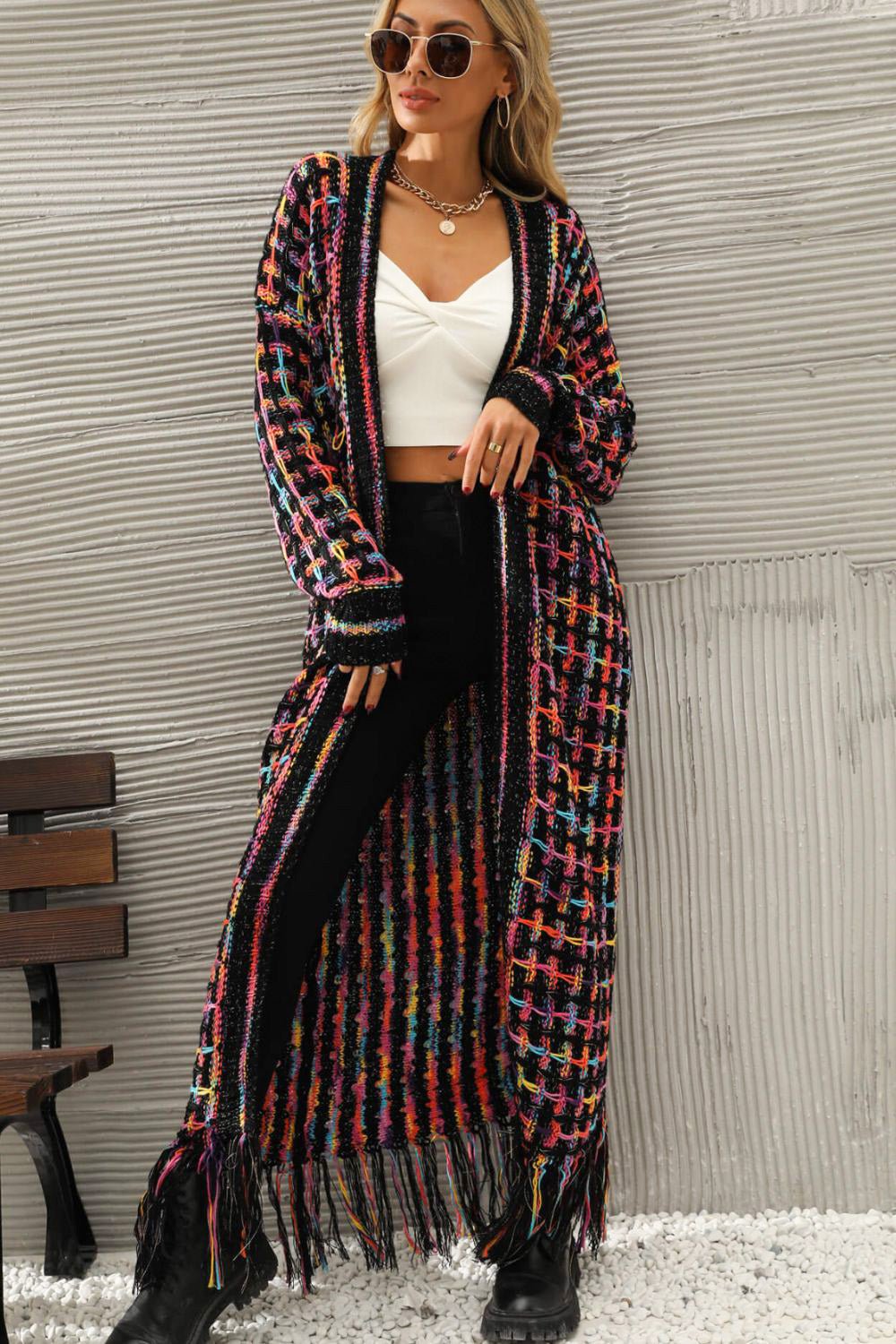 Multi-Color Knit Fringed Hem Cardigan - Quelle's BoutiQue