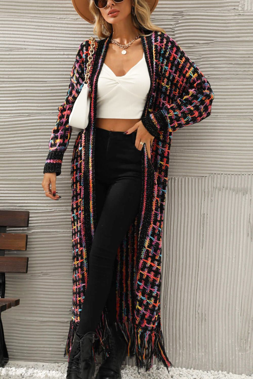 Multi-Color Knit Fringed Hem Cardigan - Quelle's BoutiQue