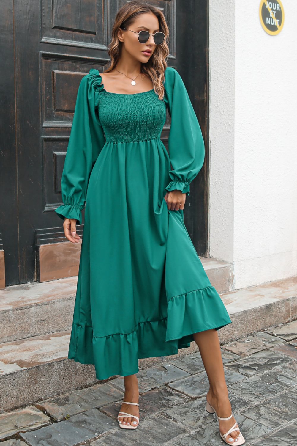 Smocked Ruffle Hem Flounce Sleeve Dress - Quelle's BoutiQue