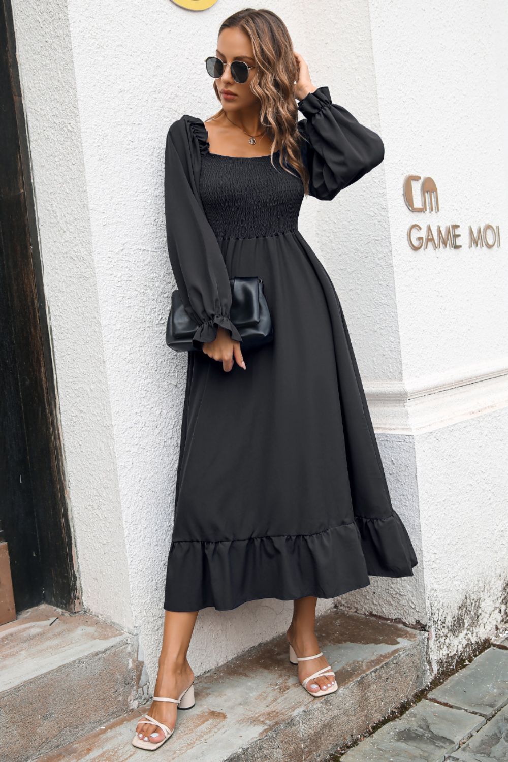 Smocked Ruffle Hem Flounce Sleeve Dress - Quelle's BoutiQue