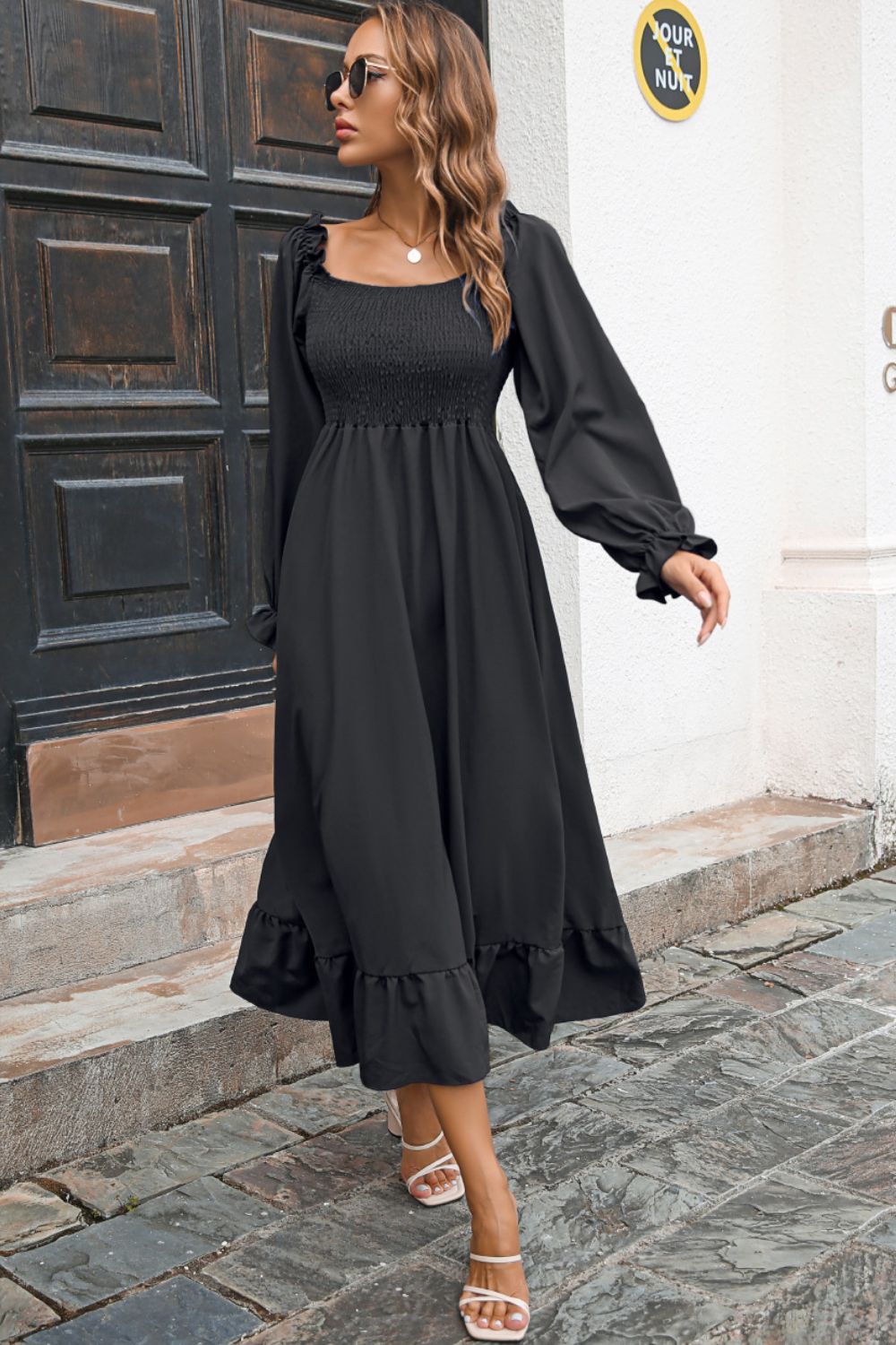Smocked Ruffle Hem Flounce Sleeve Dress - Quelle's BoutiQue