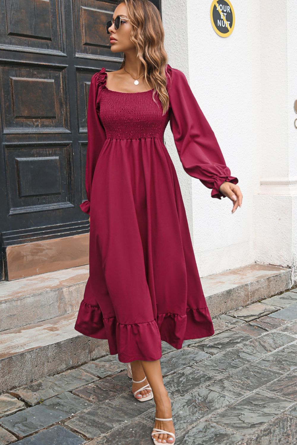 Smocked Ruffle Hem Flounce Sleeve Dress - Quelle's BoutiQue