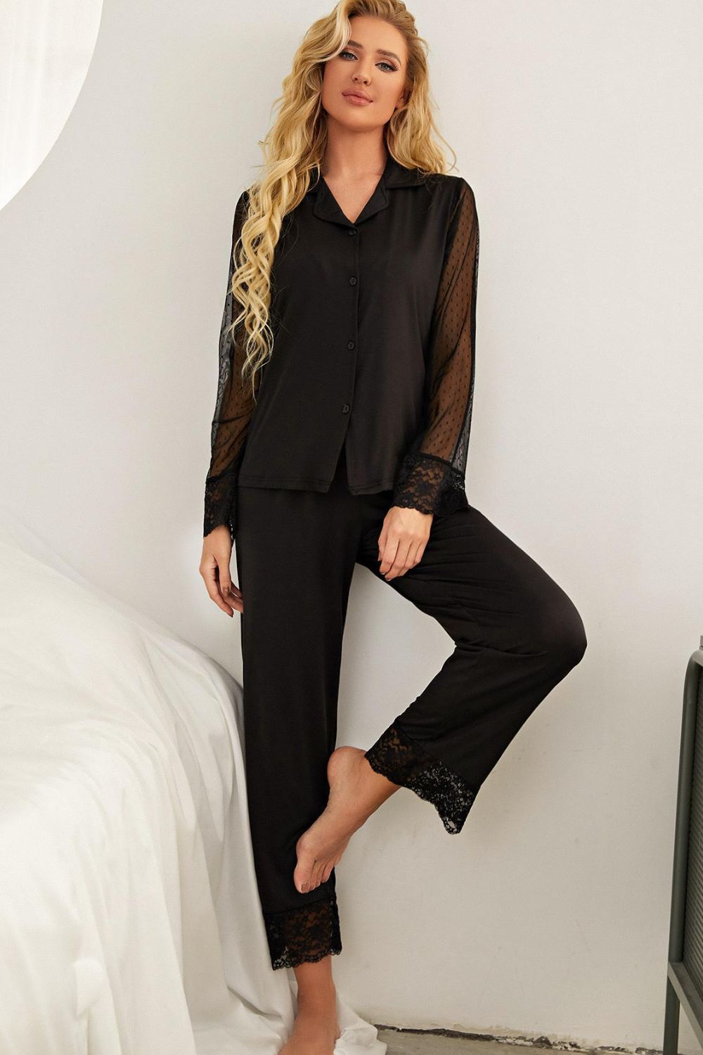 Spliced Lace Pajama Set - Quelle's BoutiQue