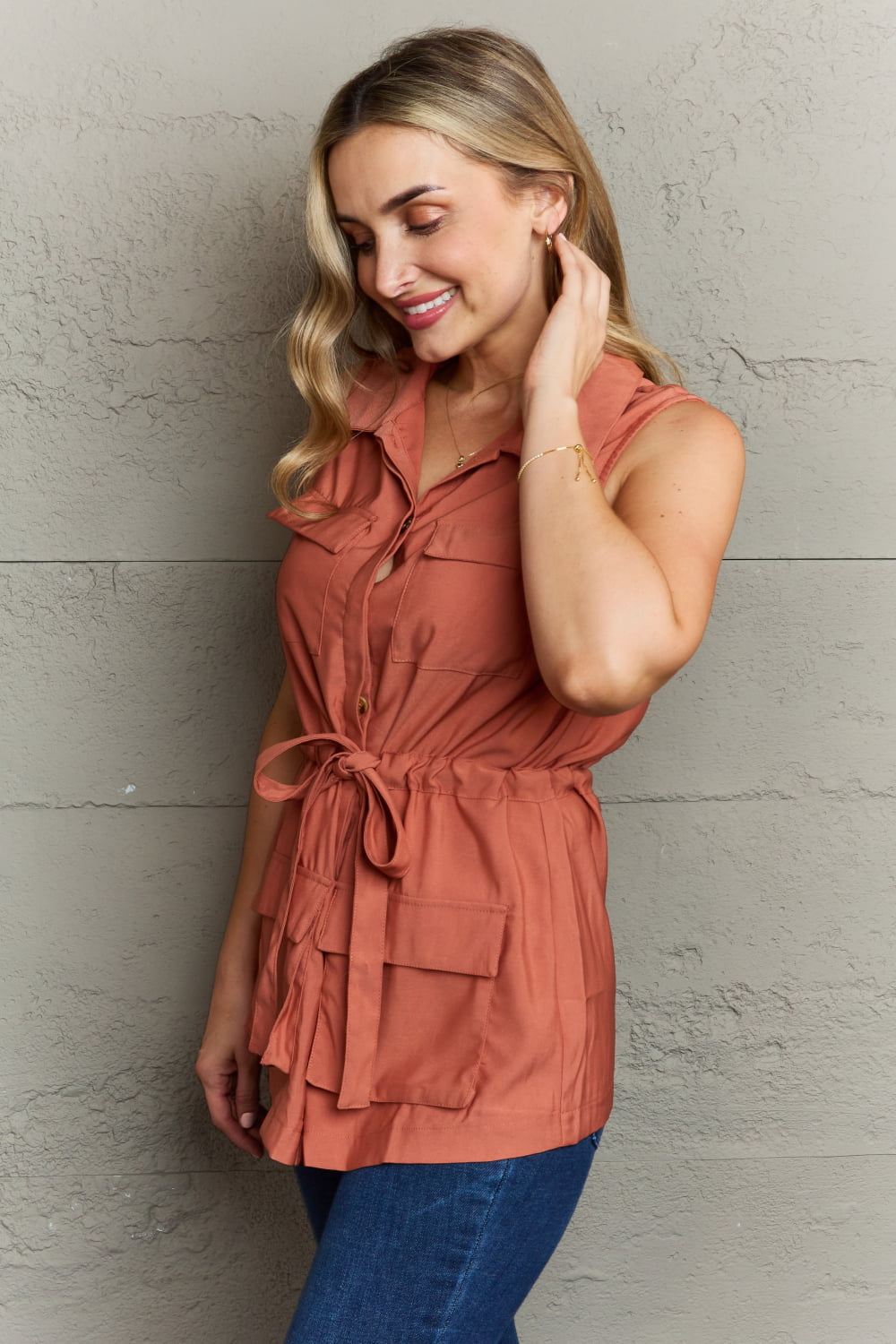 Terracotta Sleeveless Collared Button Down Top - Quelle's BoutiQue