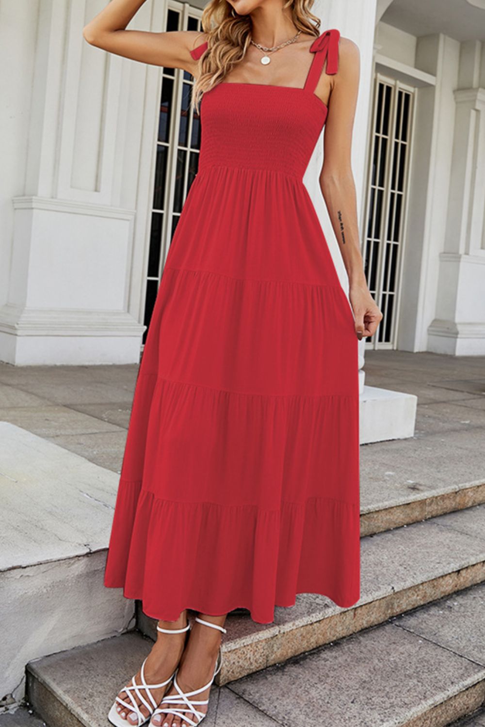 Tie-Shoulder Smocked Tiered Sun-Dress - Quelle's BoutiQue