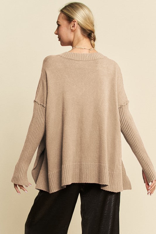 Tan Side Slit V-Neck Sweater