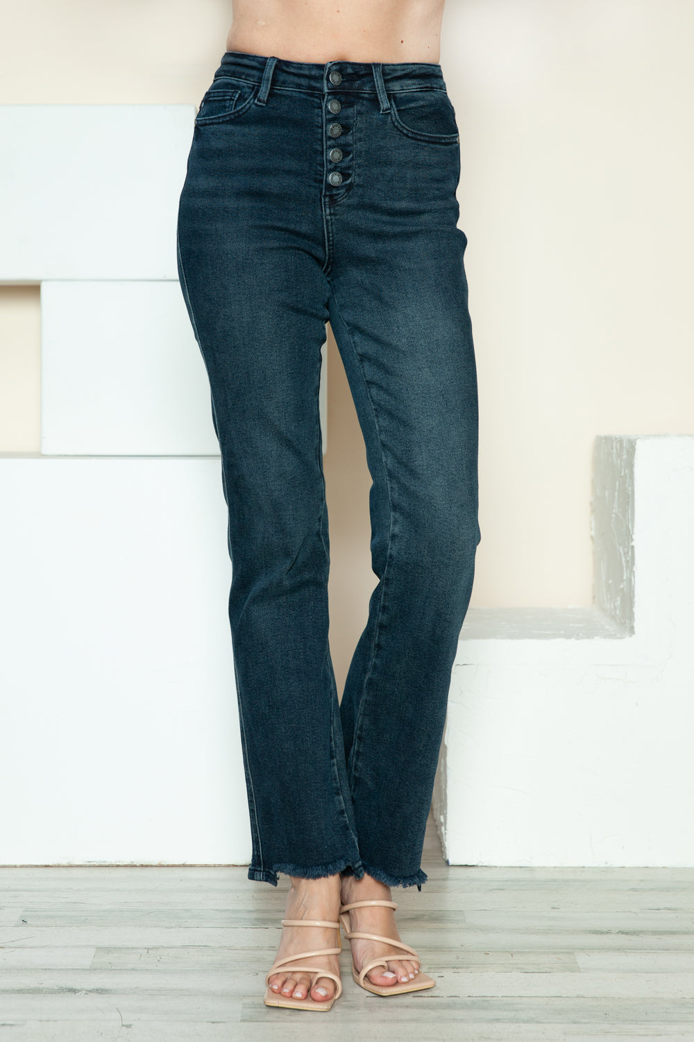 Frayed Hem Straight Dark Washed Jeans