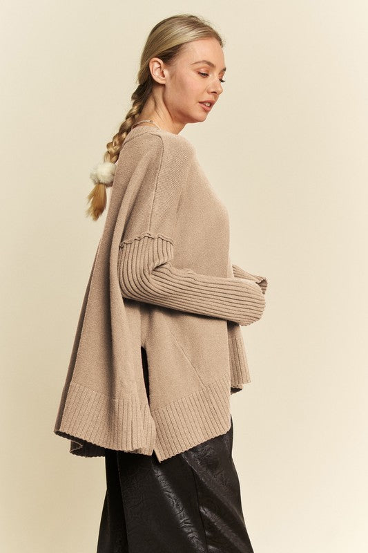 Tan Side Slit V-Neck Sweater