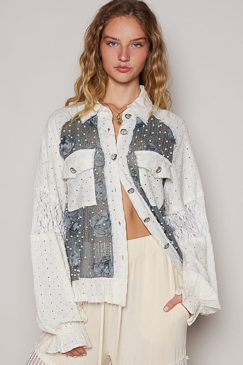 Cream & Charcoal Eyelet Lace Patchwork Top
