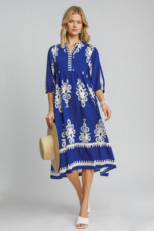 Blue Notched Neck Casual Midi Dress