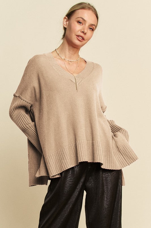 Tan Side Slit V-Neck Sweater