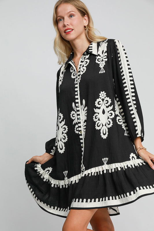 Black Notched Neck Long Sleeve Midi Dress