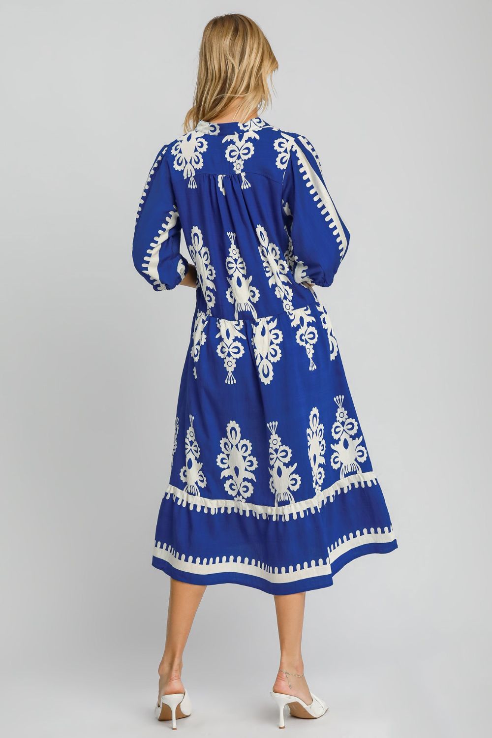 Blue Notched Neck Casual Midi Dress