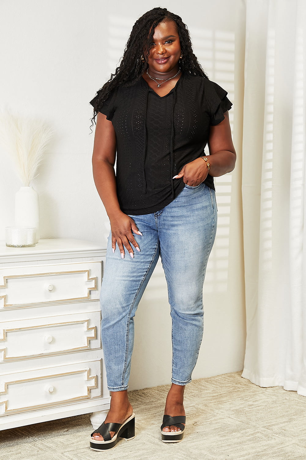 Black Eyelet Tie-Neck Flutter Sleeve Top