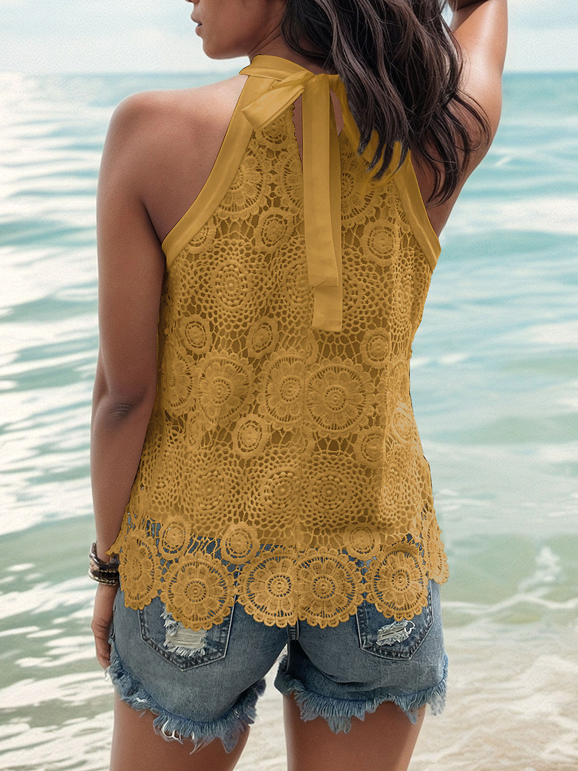 Lace Tie-Back Mock Neck Tank