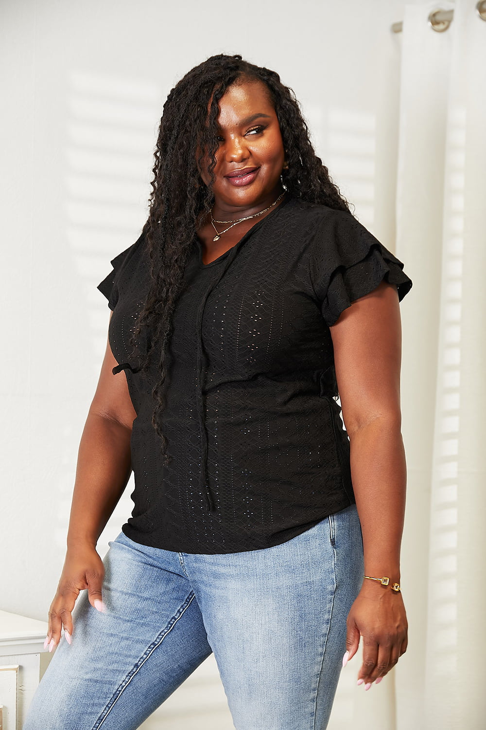 Black Eyelet Tie-Neck Flutter Sleeve Top