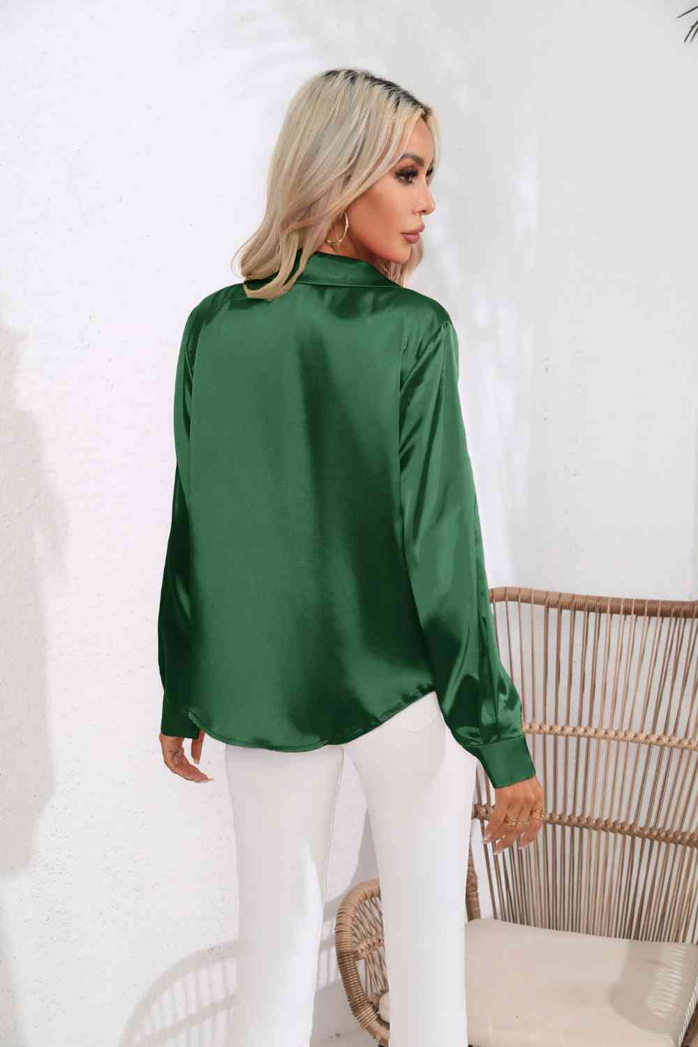 Lapel Collar Satin Sleeve Shirt