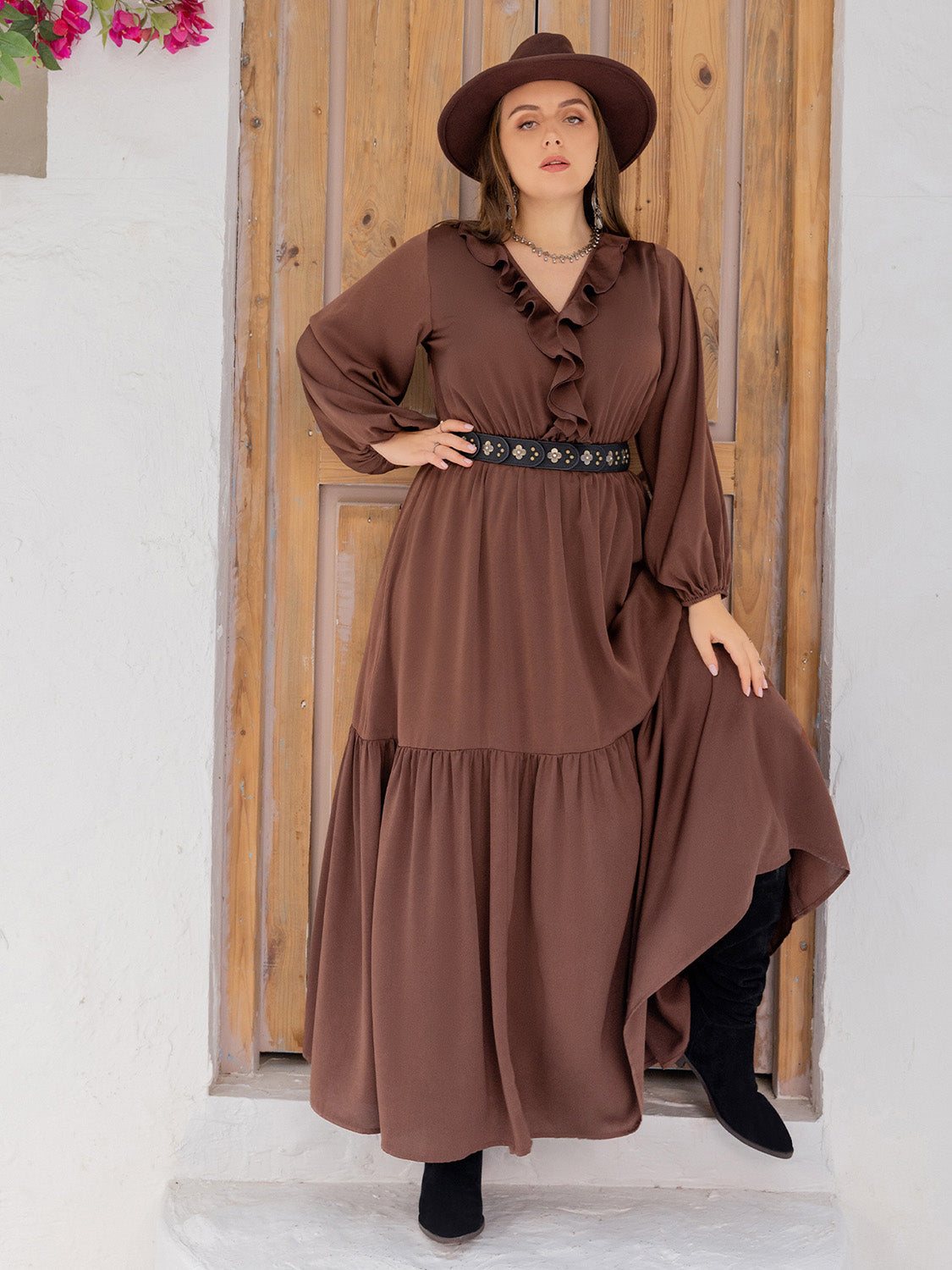 Long Sleeve Ruffle V-Neck Maxi Dress