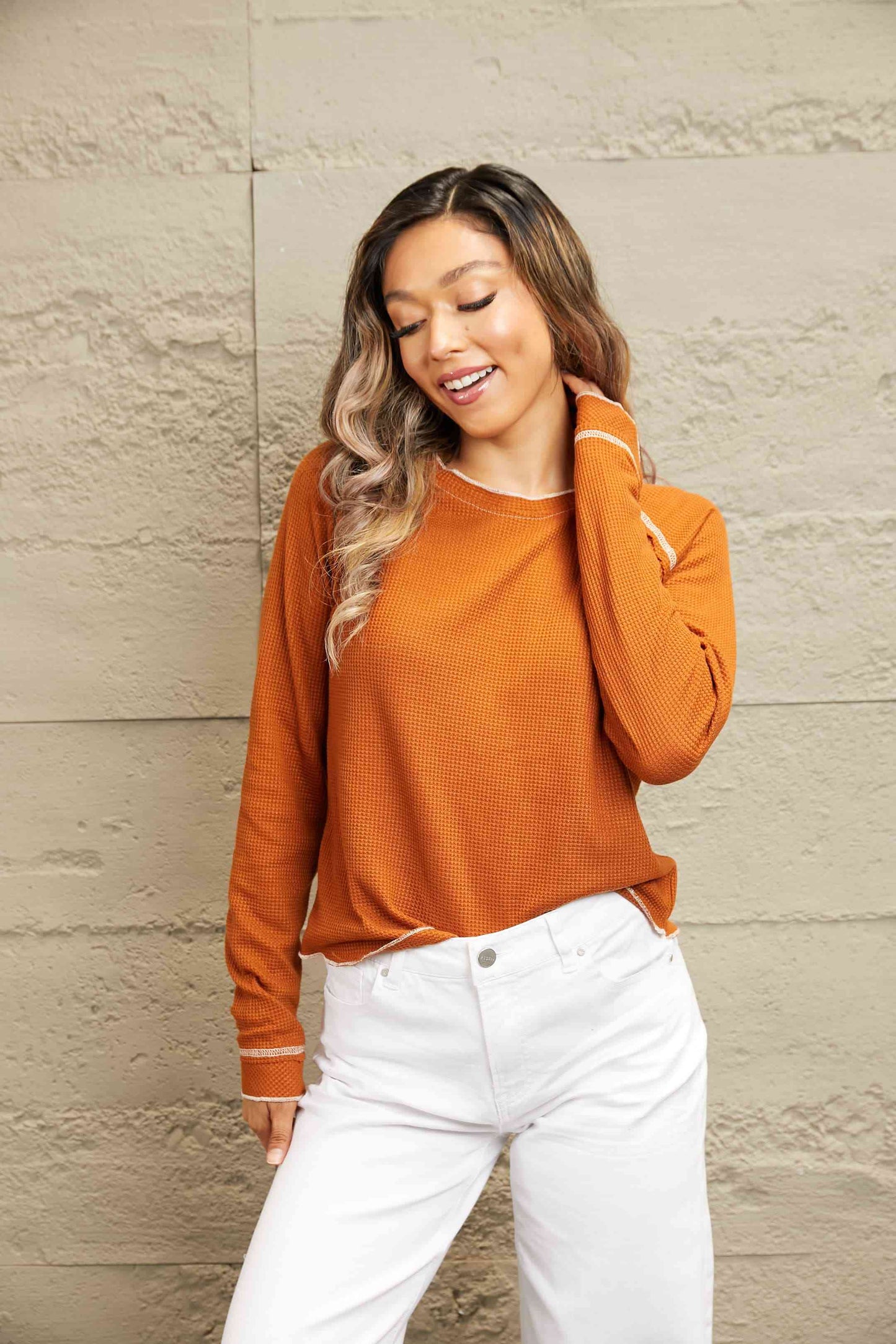 Stitched Accent Seam Long Raglan Sleeve Top