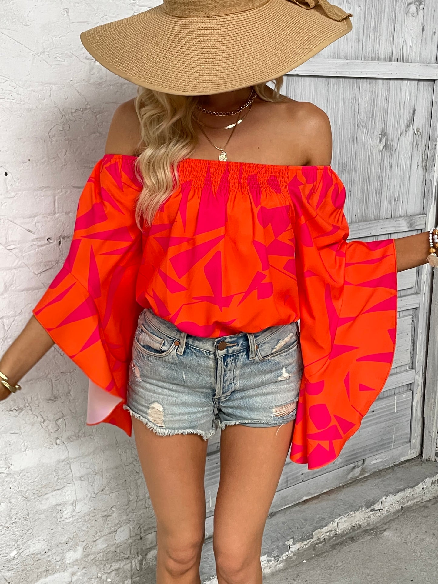 Off-Shoulder Bell Sleeve Print Blouse