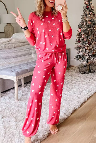 Heart Print Neck Top & Pants Set