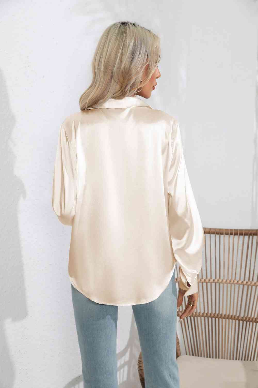 Lapel Collar Satin Sleeve Shirt