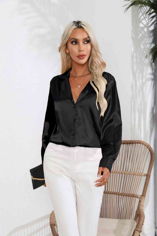 Lapel Collar Satin Sleeve Shirt