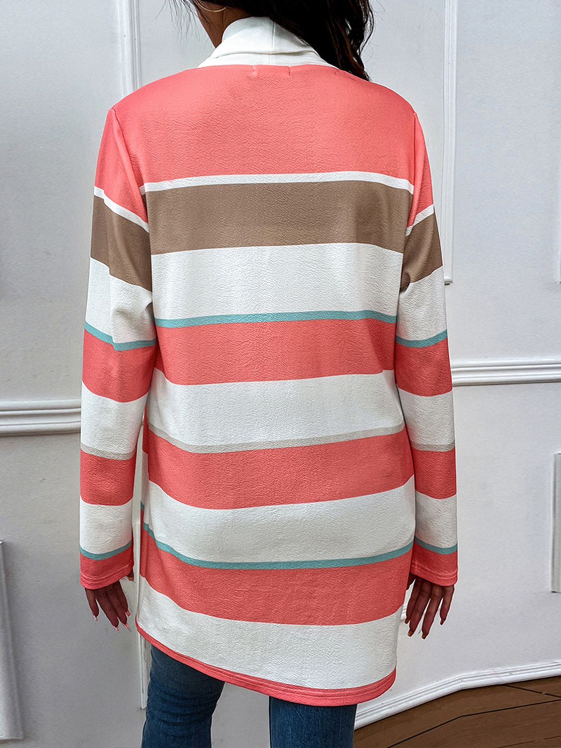 Coral Striped Open Front Cardigan