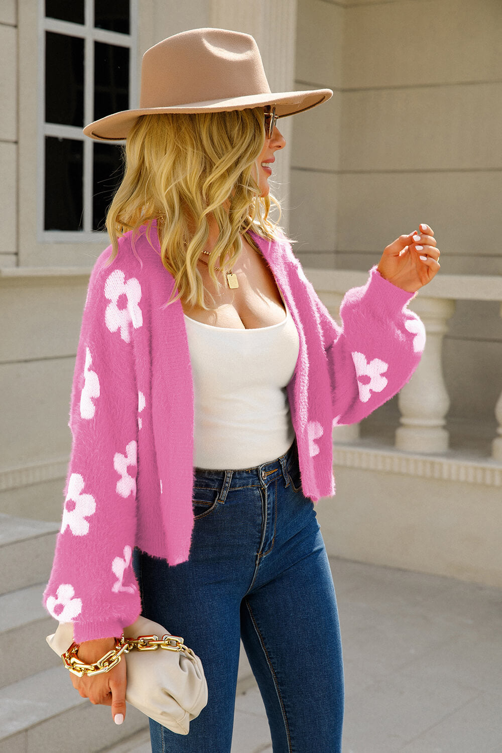 Open Front Retro Floral Cardigan