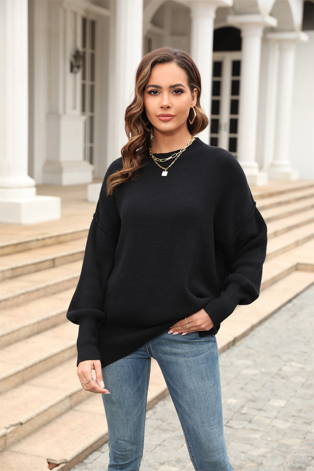 Exposed Seam Long Sleeve Sweater