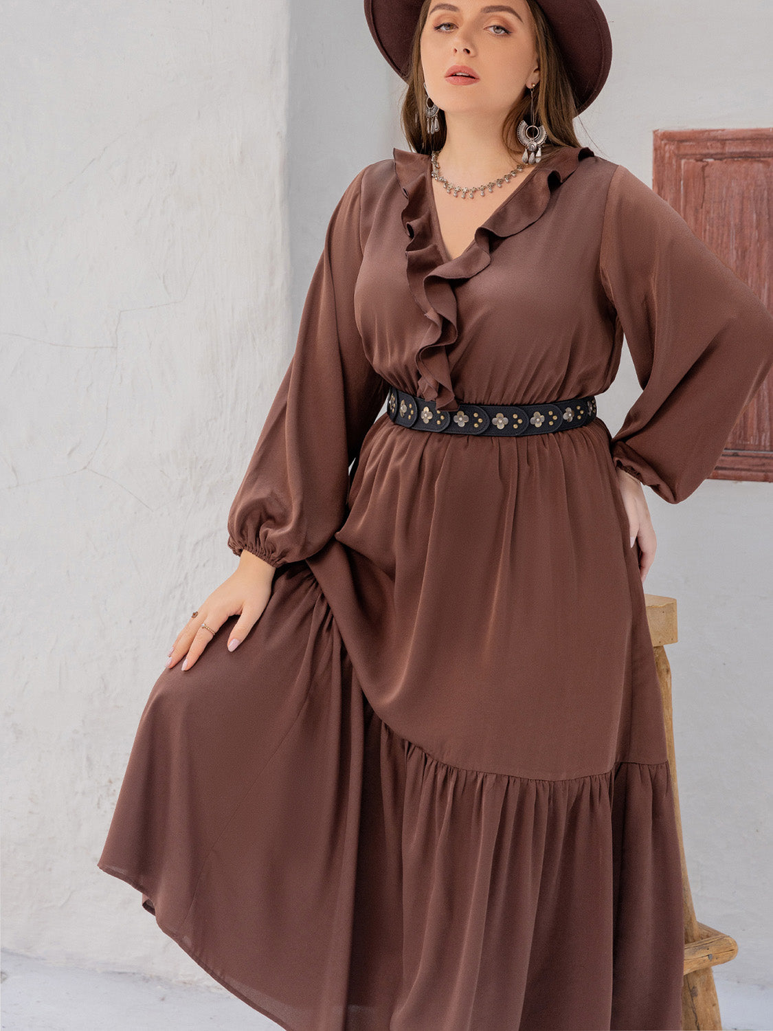Long Sleeve Ruffle V-Neck Maxi Dress