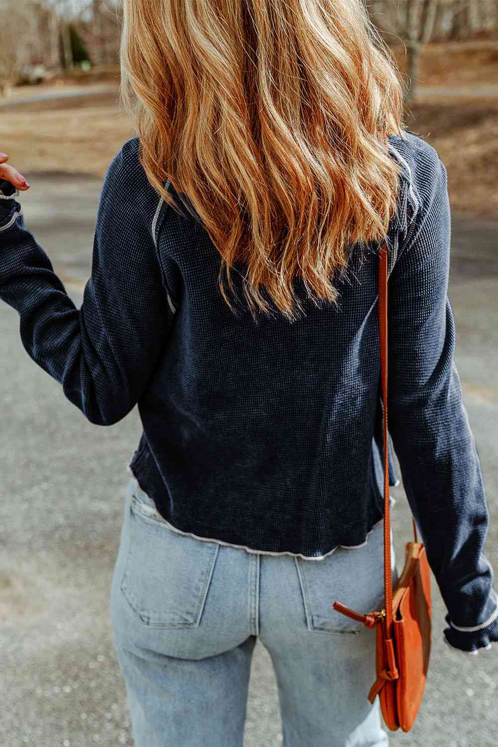 Stitched Accent Seam Long Raglan Sleeve Top