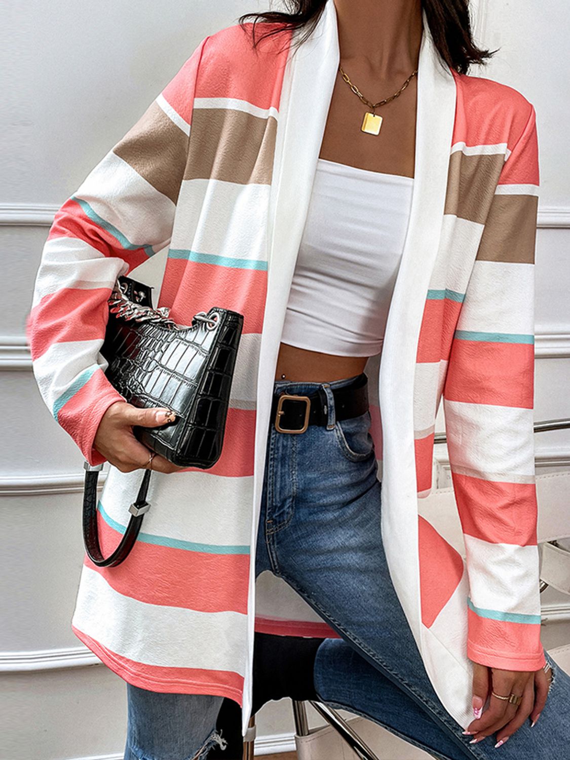 Coral Striped Open Front Cardigan